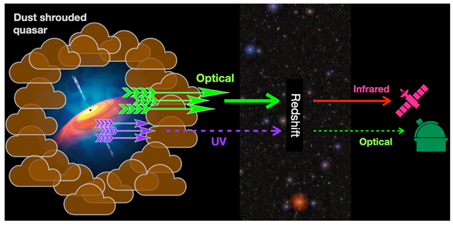 Figure 3: Schematic diagram showing how a quasar hidden by dust is observed. Light from a quasar in the early Universe is stretched by cosmic redshift, so ultraviolet light reaches Earth as visible light and visible light reaches Earth as infrared. When a quasar is covered by dust, ultraviolet light is absorbed and cannot escape, but infrared observations can capture the visible light that passes through the dust. Detecting such faint infrared light from early quasars required observations with JWST. (Credit: Yoshiki Matsuoka/NAOJ)